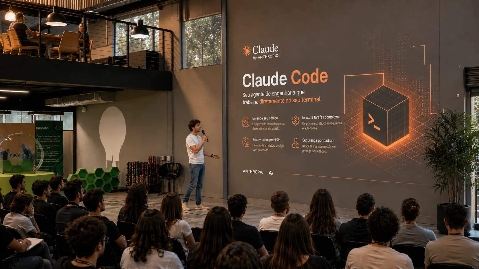 Luis Roquette apresentando Claude Code em evento corporativo de IA