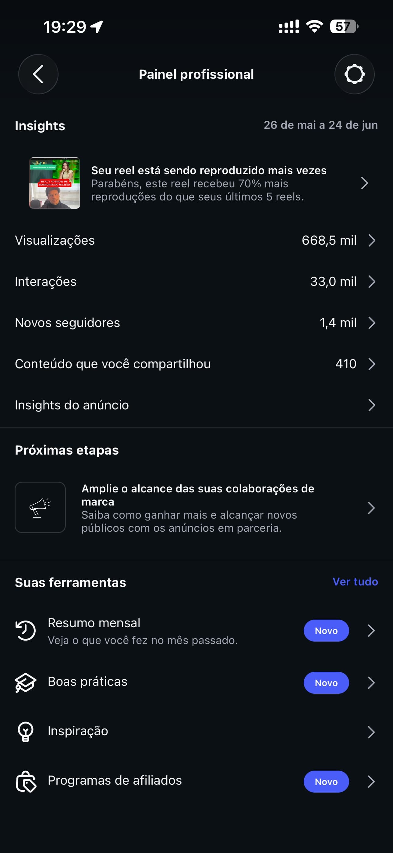 Painel profissional @lfr.ia — 668,5 mil visualizações, 33 mil interações