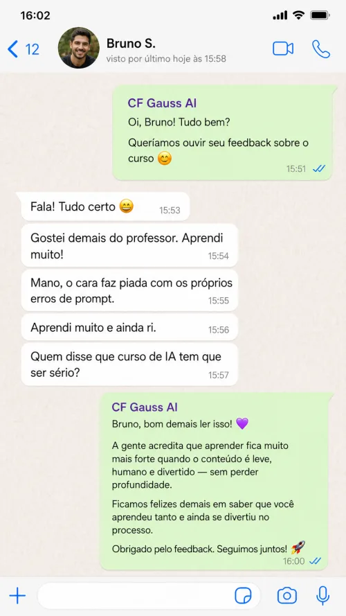 Julia P., 31, analista de dados: "O curso é tão bem estruturado que me senti segura para explorar. Hoje uso o Claude no meu dia a dia sem medo."